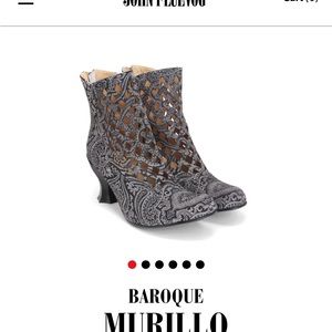 John Fluevog Baroque printed suede ankle boots back zip diamond perforation